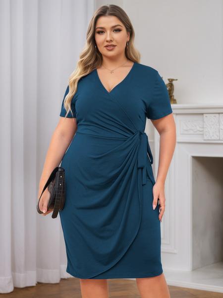 Plus Size Slim Fit Mid-Length Dress, Casual V Neck Short Sleeve High Waist Summer Dress with Belt, Soft Comfortable Women's Clothing