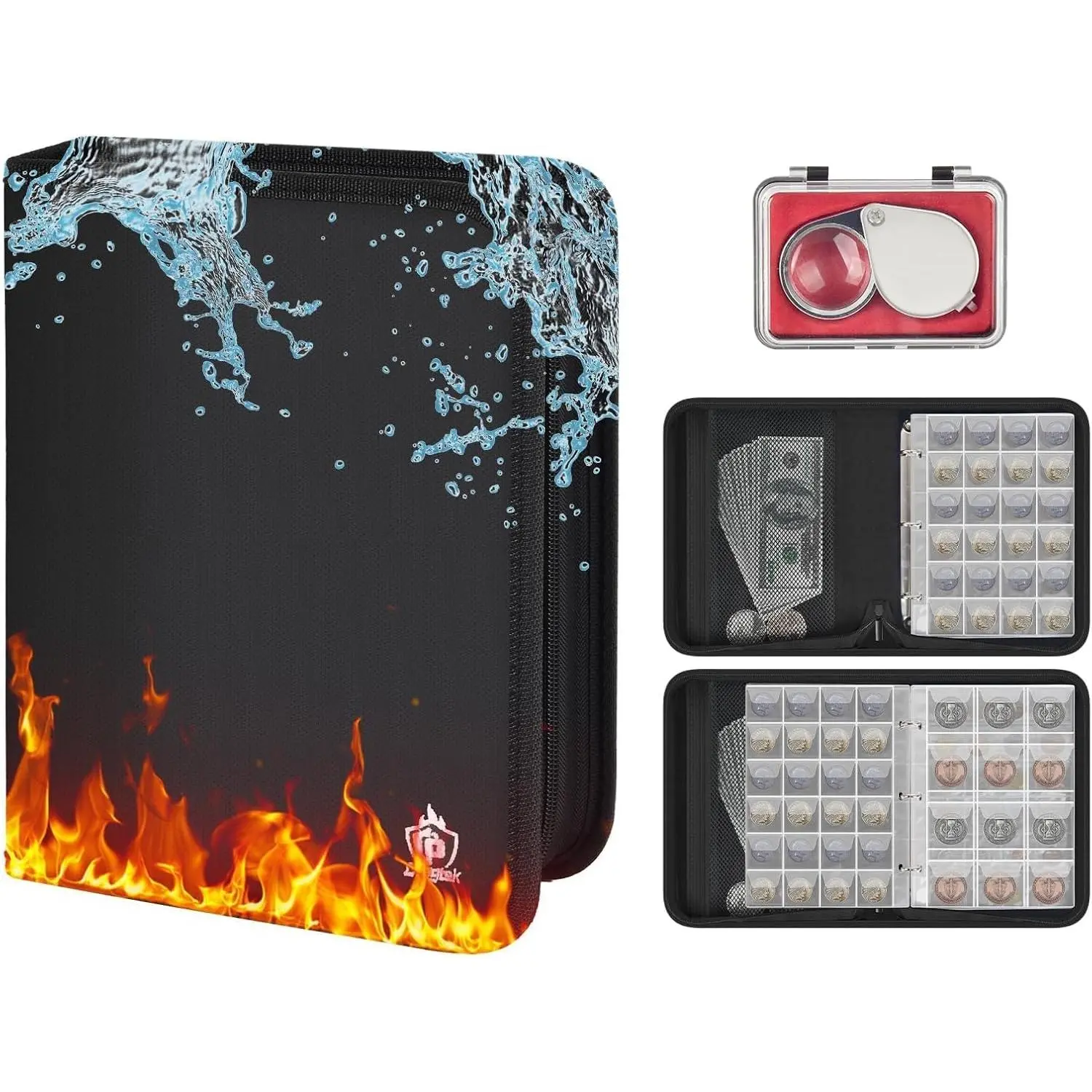 2000℉ Fireproof  Collection Book Holder with Magnifying Glass | 312 Pocket 3-Ring  Album Organizer with Flaps,  Storage Case Binder  Collecting Supplies (Black)