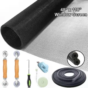 7pcs Window Screen And Repair Kit, 48" x 118" Black Fiberglass Mesh With Rolling Tool/Hook/Ruler/Cutter/Spline For Window Door Screen Replacement