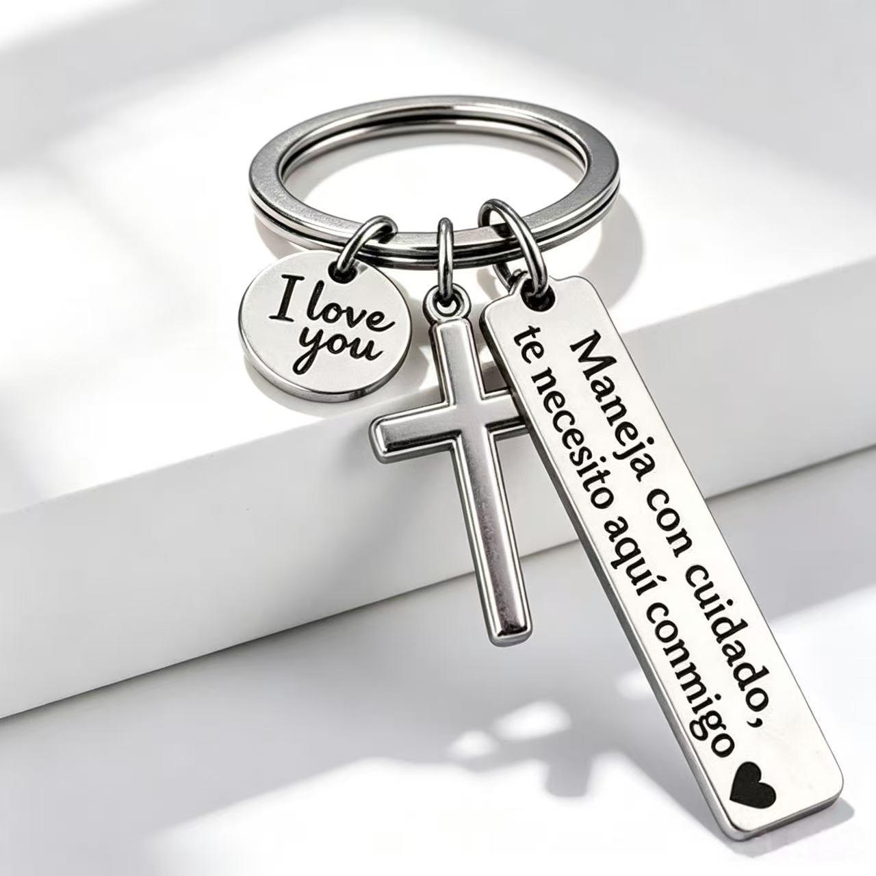 Maneja Con Cuidado Te Necesito Aquí Conmigo Keychain with Cross & "I Love You" Charm, Spanish Drive Safe Stainless Steel Keyring, Romantic Religious Gift for Him/Her Adjustable Heart Rate Couples Bracelet Set Rotating Retractable Reading Badge Holder Maneja Con Cuidado Te Necesito Aquí Conmigo Keychain with Cross & "I Love You" Charm, Spanish Drive Safe Stainless Steel Keyring, Romantic Religious Gift for Him/Her Adjustable Heart Rate Couples Bracelet Set Rotating Retractable Reading Badge Holder