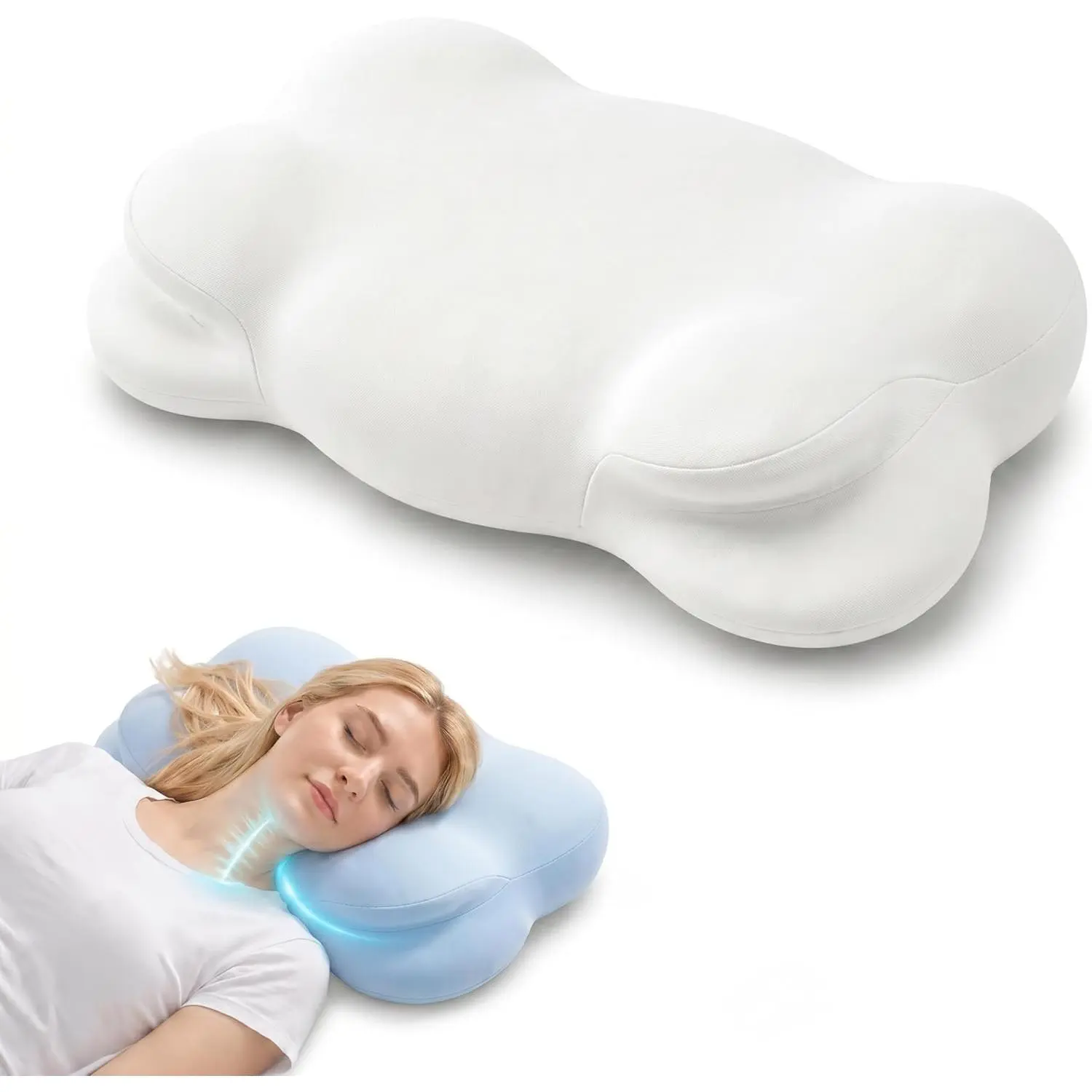 Cloud Pillow,Ergonomic Memory Foam Pillow, Stable Support for Cervical Neck, Cooling Breathable Pillowcase, Cervical Neck Pain Relief for Side, Back & Stomach Sleepers - Queen Size White
