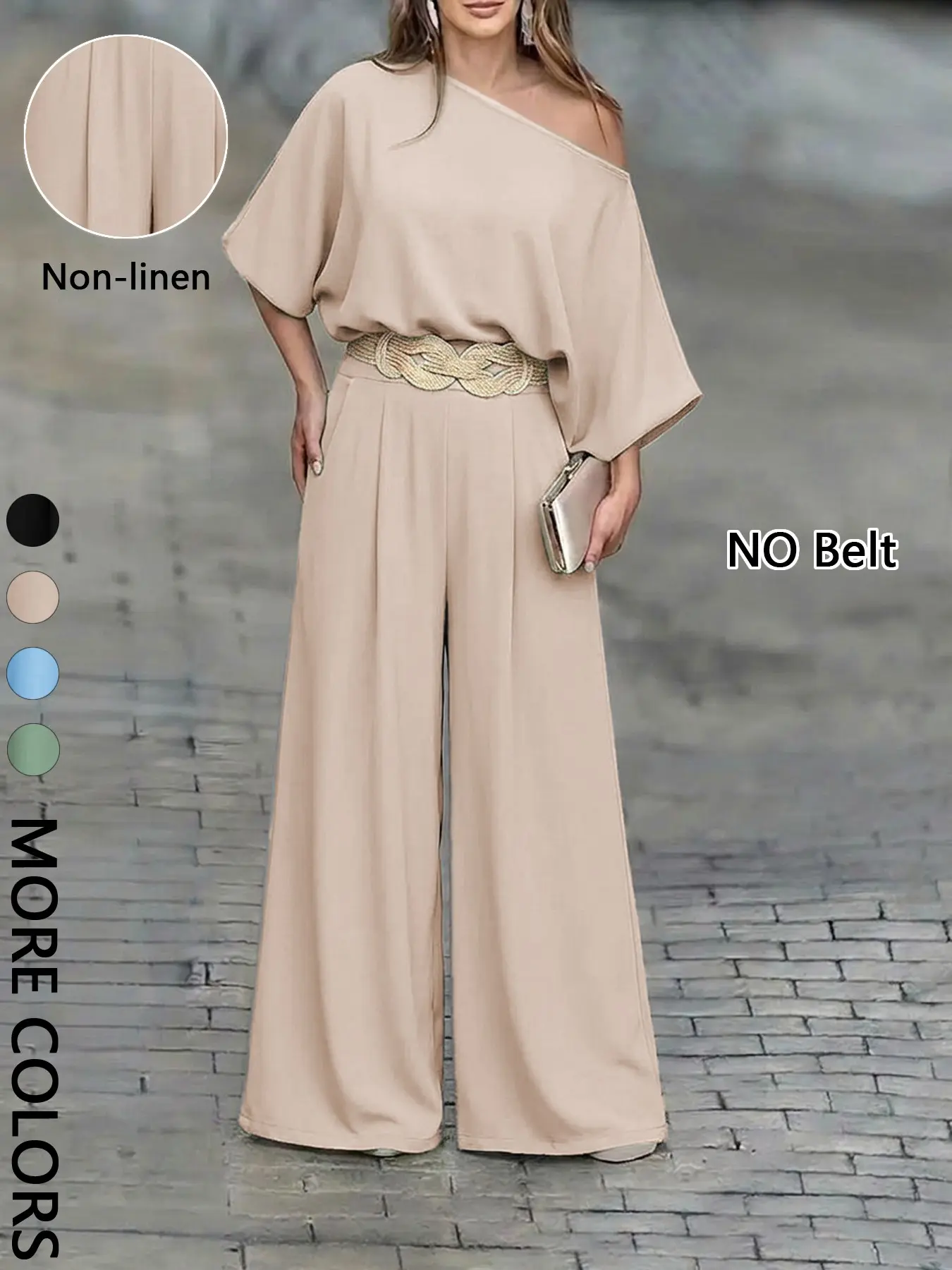 Women's Asymmetric Batwing Sleeve Top and High-Waisted Wide-Leg Palazzo Pants Set, Casual Loose-Fitting Outfit without Belt, Spring & Fall Fashion Clothes