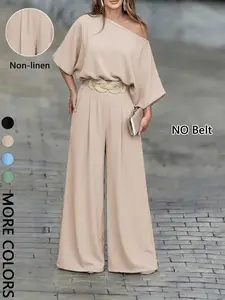 Women's Asymmetrical Batwing Sleeve High-Waisted Wide-Leg Pants Set, Summer Loose-Fitting Casual Suit, Spring & Fall Fashion（Belt not included）
