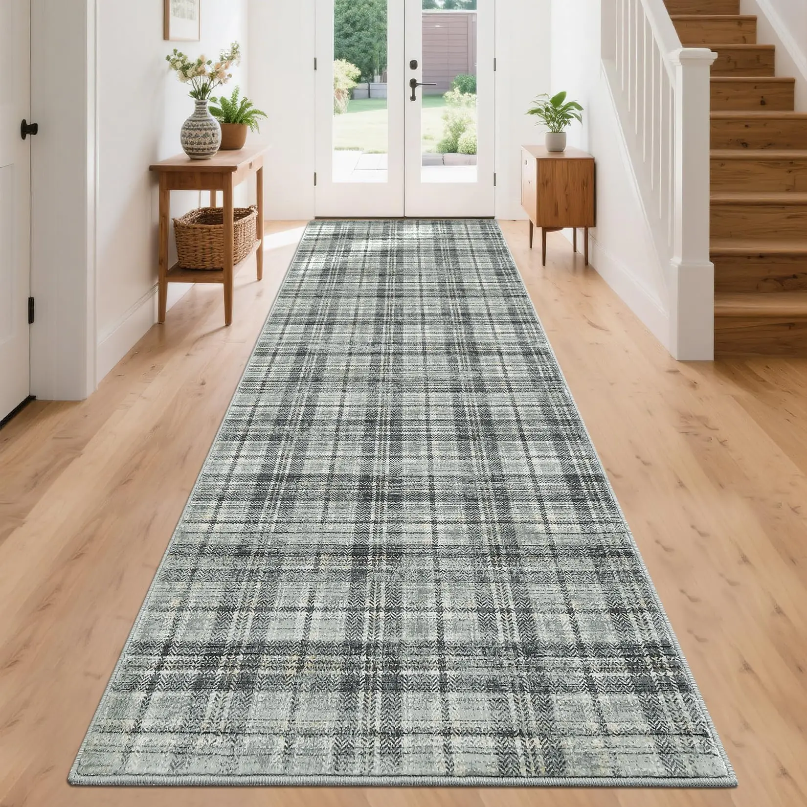 Garvee 2x10 Runners for Hallway Non Slip Washable Kitchen Rugs, Farmhouse Tartan Plaid Area Rug Soft Low Pile Stain Resistant Indoor Carpet Runners for Entryways, Living Room