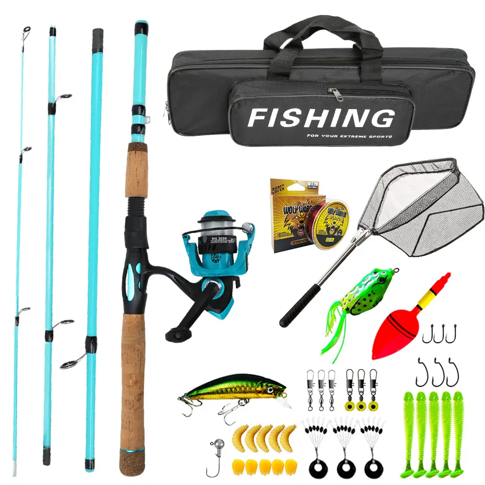 1.8m 4-Piece Fiberglass Fishing Rod Combo, 3000 Spinning Reel Full Kit with Fishing Line, Lures, Landing Net & Tackle Bag for Beginner Anglers
