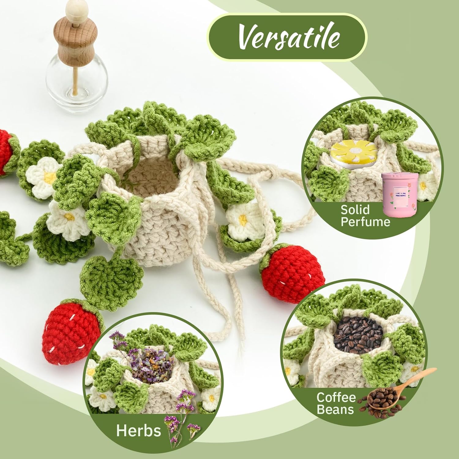 Hanging Car Air Freshener, 12ML Empty Refillable Car Oil Diffuser Bottle with Crochet Strawberry Pot Plant Decor, Car Fragrance, Car Aroma Diffuser, Cute Hanging Car Freshener Diffuser, Crochet Decor for Car Rear View Mirror