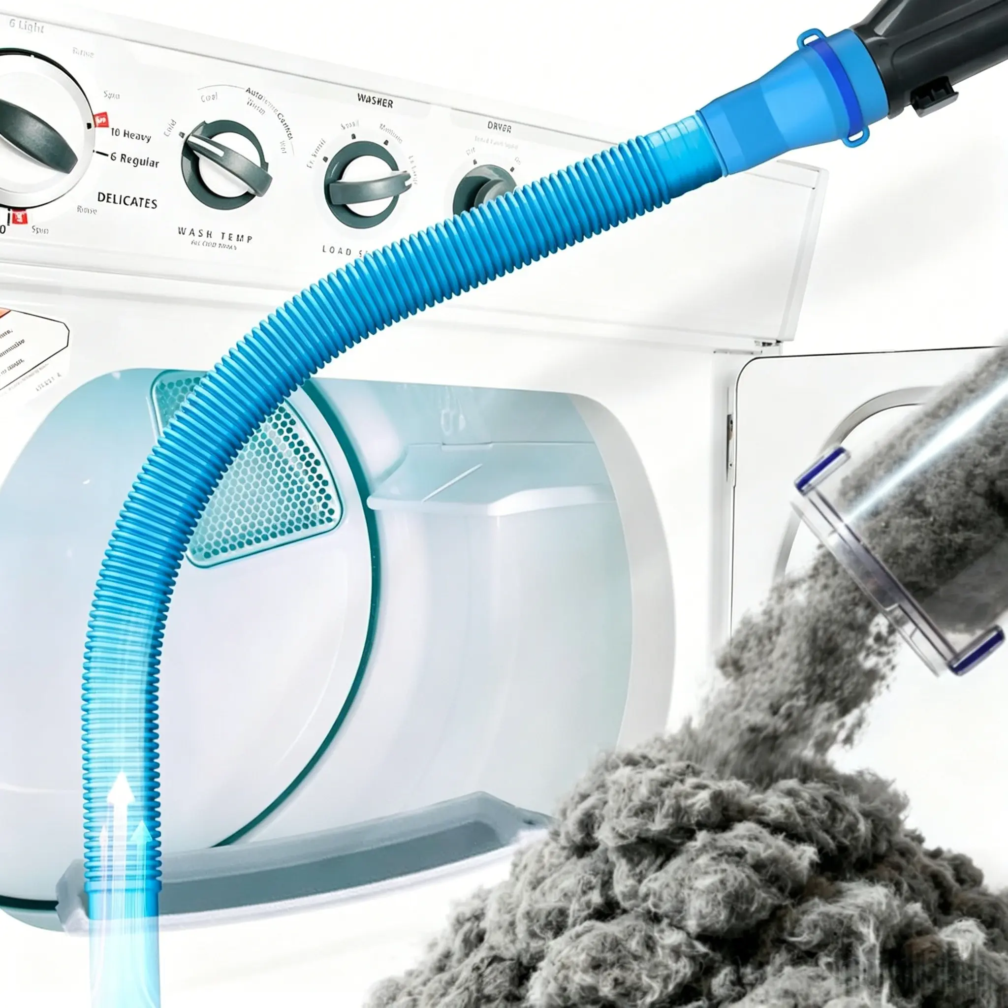 Upgraded dryer vent cleaning hose featuring cable tie slots (includes 3 cable ties) for a more secure connection; a lint-removing vacuum attachment compatible with most vacuum cleaners.