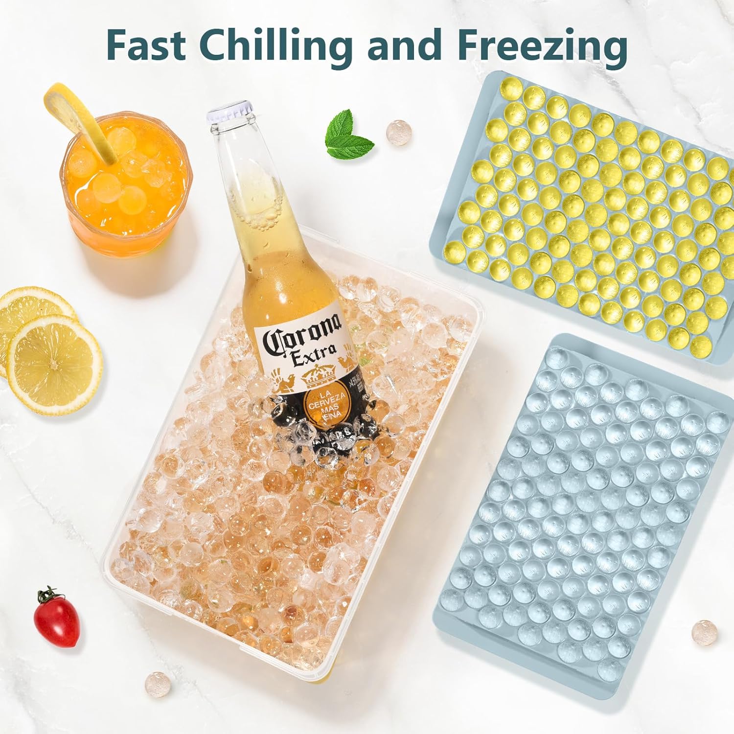 1 Set Mini Ice Cube Tray with Lid and Storage Box, Perfect for Iced Coffee and Cocktails. Quickly Cools, Easy to Swirl and Release, Stackable, Small Round Ice Cubes Easily Fit Into Narrow-Necked Water Bottles and Glasses.Ice Platter