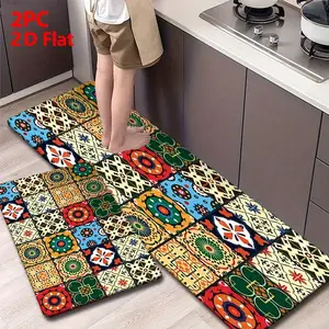 Flannel Kitchen Mat Set, Vintage Ethnic Multi-Color Patchwork Design, Non-Slip, Absorbent, Bathroom, Laundry Room, Hallway Rug