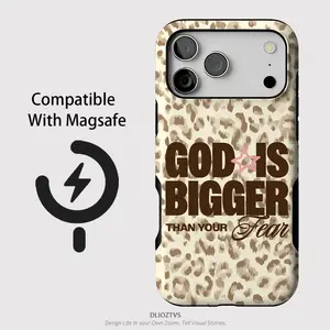God is Bigger than Your Fear and Leopard Print Pattern Phone Cases for iPhone 17 Pro Max Air 17e 16 Plus 16e 15 14 13 12, Shockproof Durable 2 in 1 Protective Cellphone Case Cover, Matte Surface, Anti Slip Side, Compatible with MagSafe