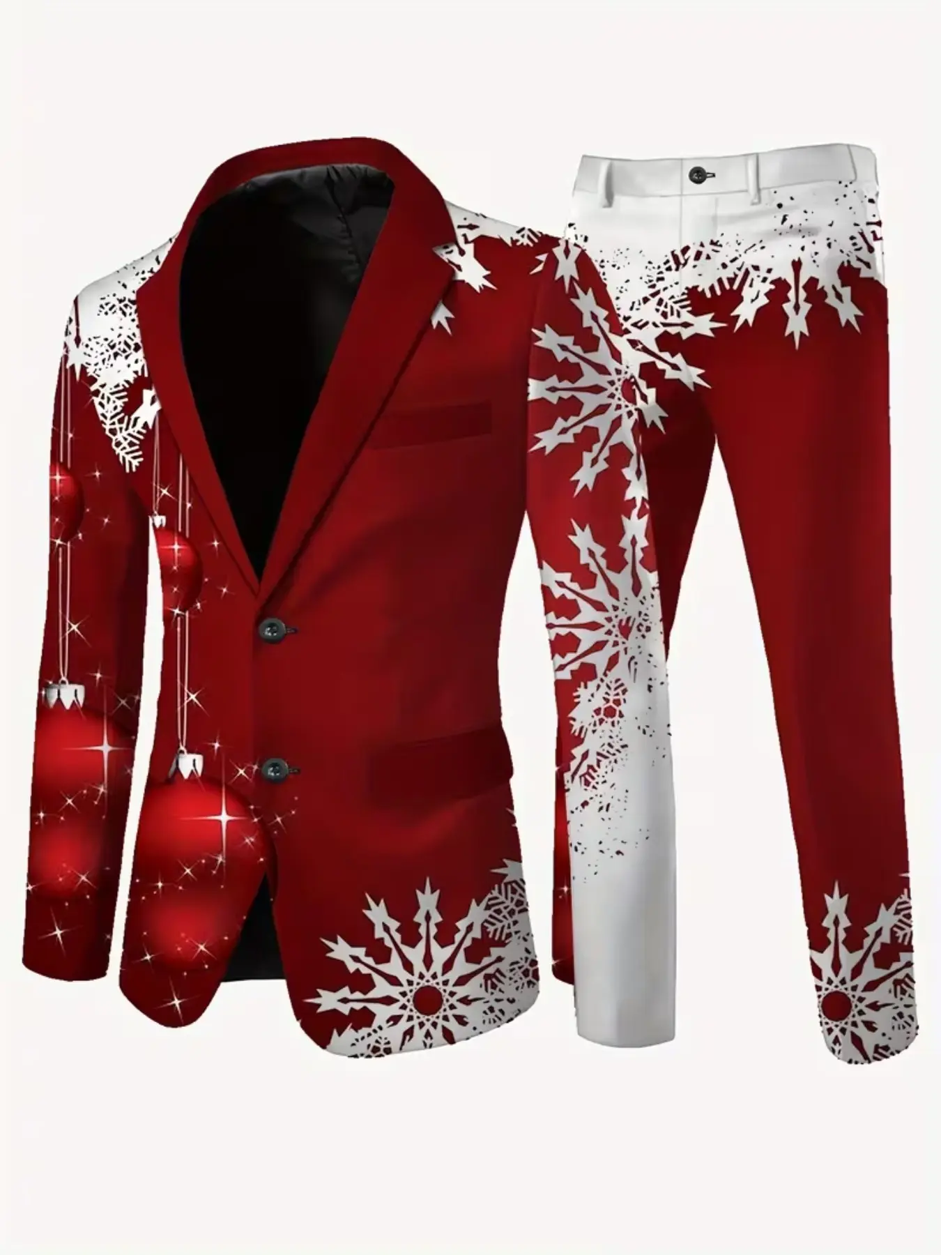Men's Christmas Theme Suit Set, Base Snowflake Colorful Ball Print Single Button Tuxedo Jacket and Pants, Holiday Party Casual Suit