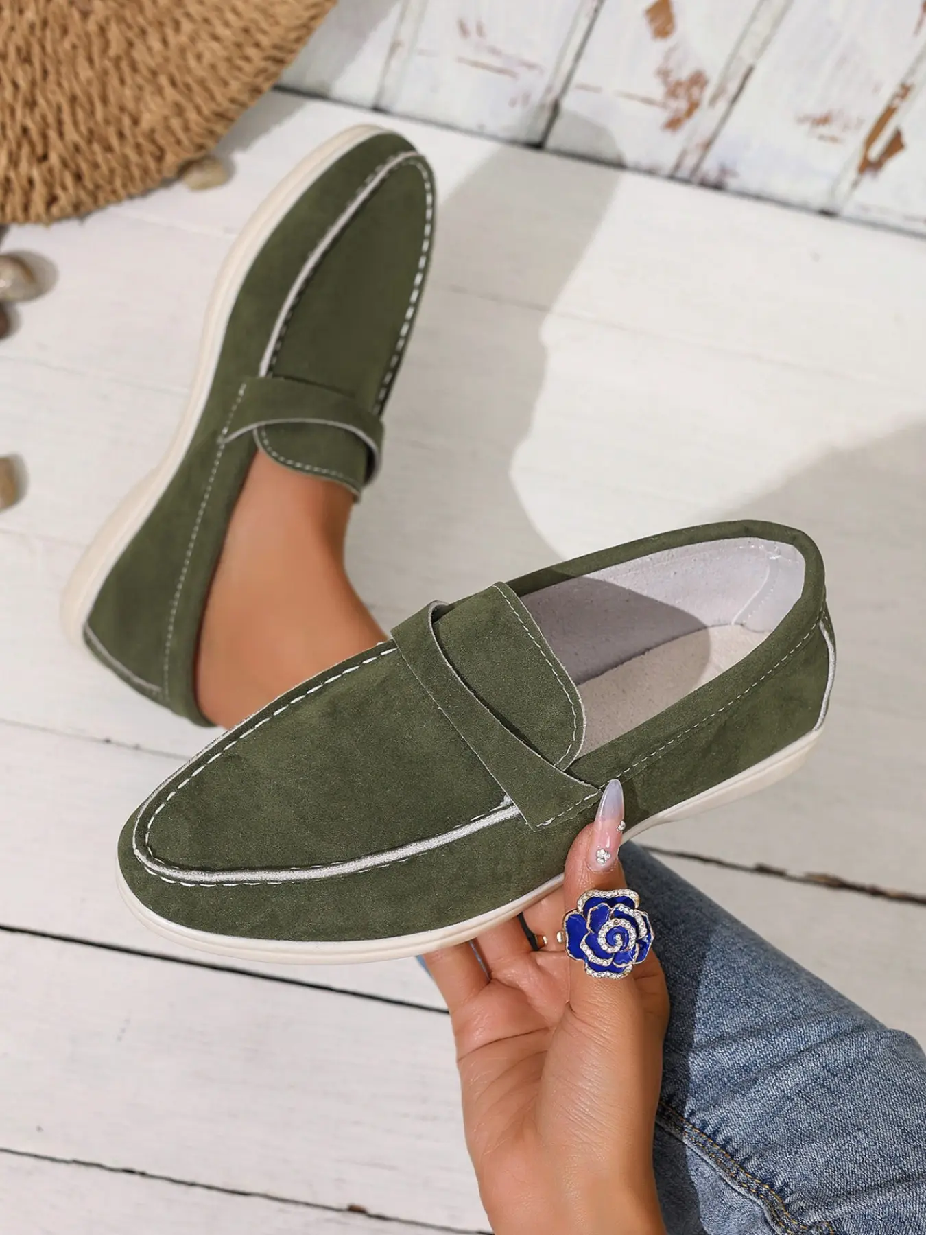 Women's Textile Gingham Shoes, Round Toe Slip-On Flat Casual Footwear, All-Season Rubber Sole, Vintage Style, Multiple Colors Available
