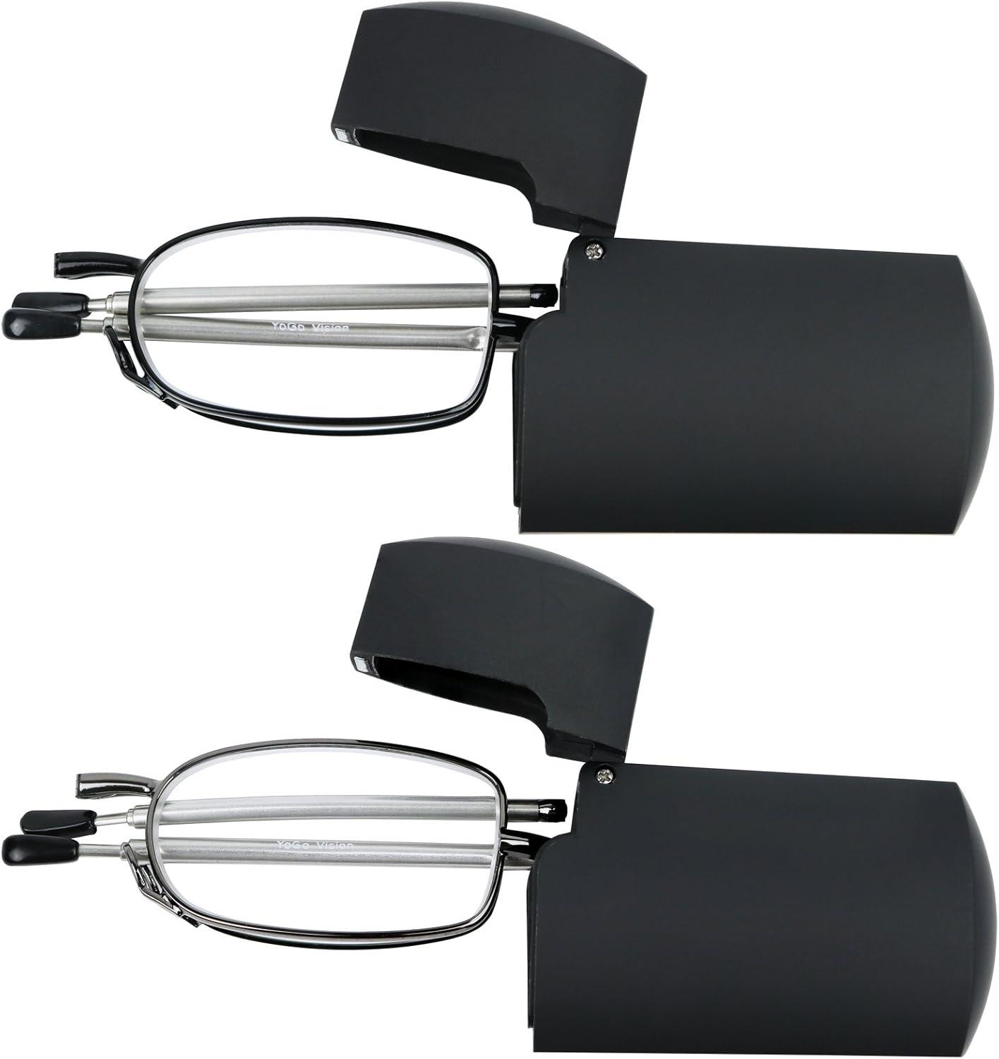 Reading Glasses 2 Pair Black and Gunmetal Readers Compact Folding Unisex Glasses for Reading Case Included