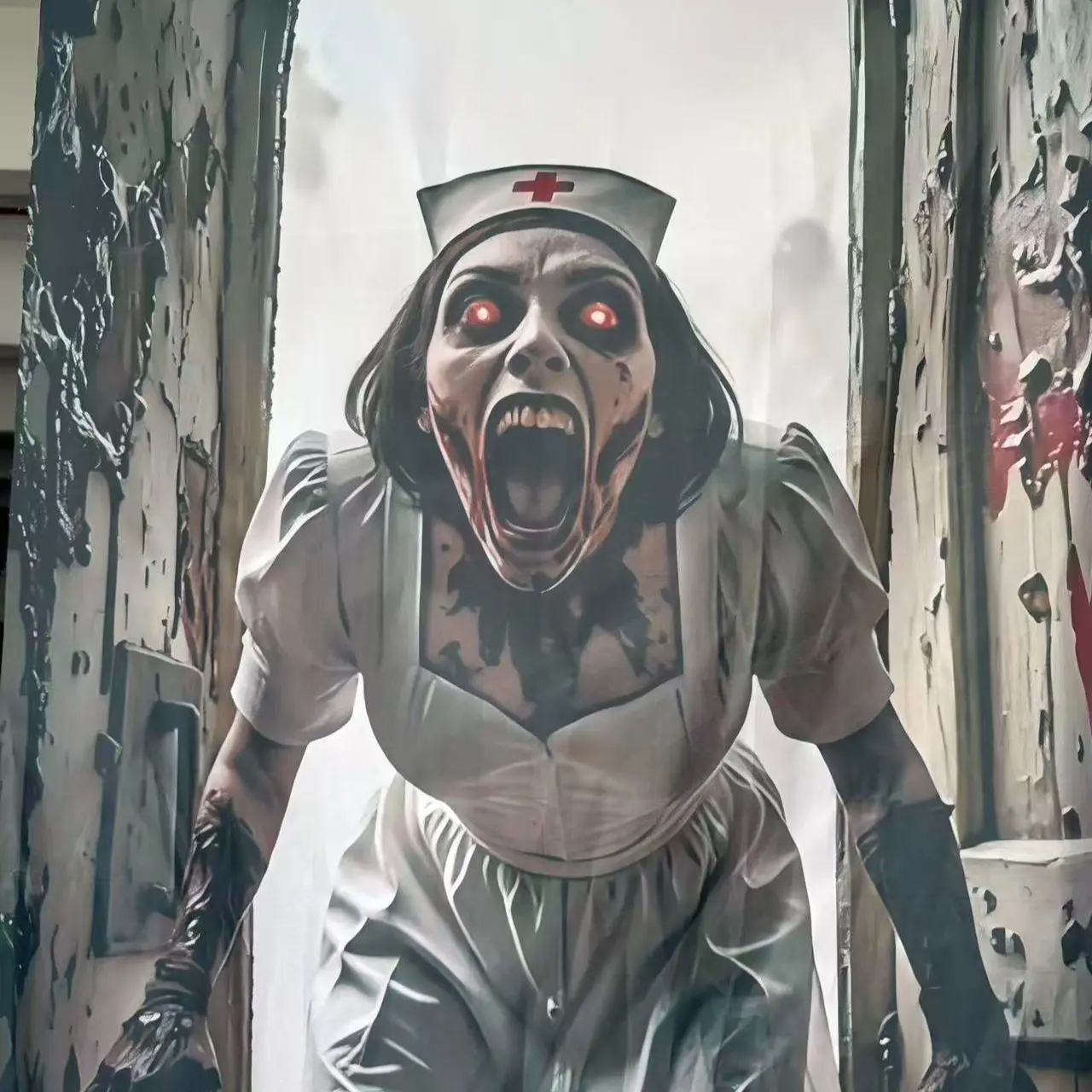 2D decorative door piece, 1 large Halloween door decoration - Zombie Nurse Horror Banner, with blood-stained costume, suitable for haunted houses, hospital parties, mental hospitals, etc. - Easy to hang, no power supply required, kdj