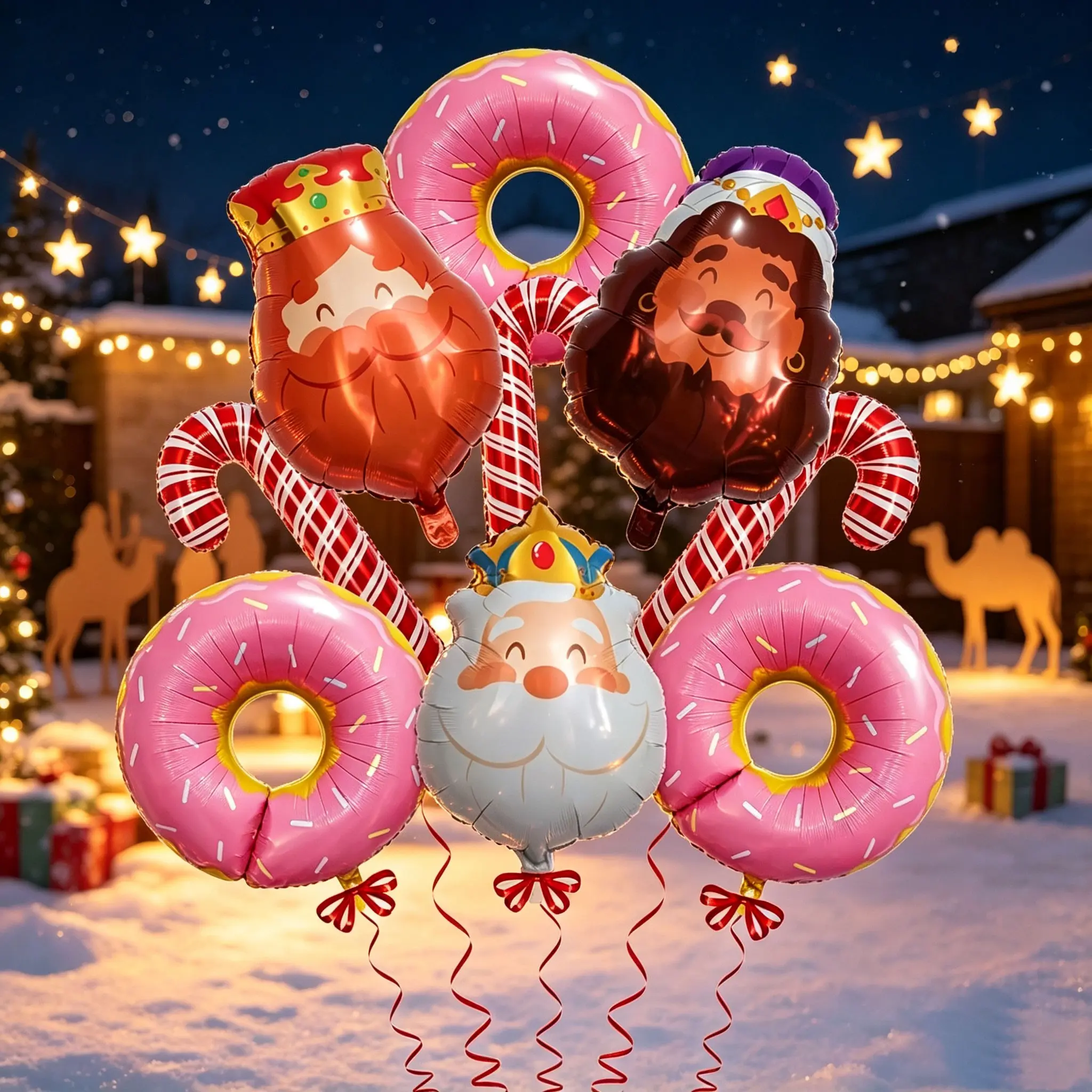 11-Piece Epiphany Theme Aluminum Foil Balloon Set, King Head, Cane, Candy, Donut Shapes,Ideal for Three Kings Day party decorations, Spanish-speaking children’s Three Kings Day decorations, Christmas market stall ambiance decoration