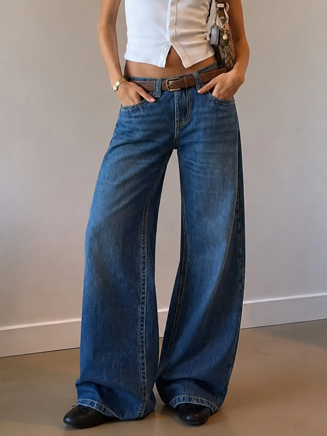Women's Casual Wide Leg Striped Commuter Denim Jeans, Forever 21 Fashion Comfortable Fit, Perfect for Daily Wear and Travel