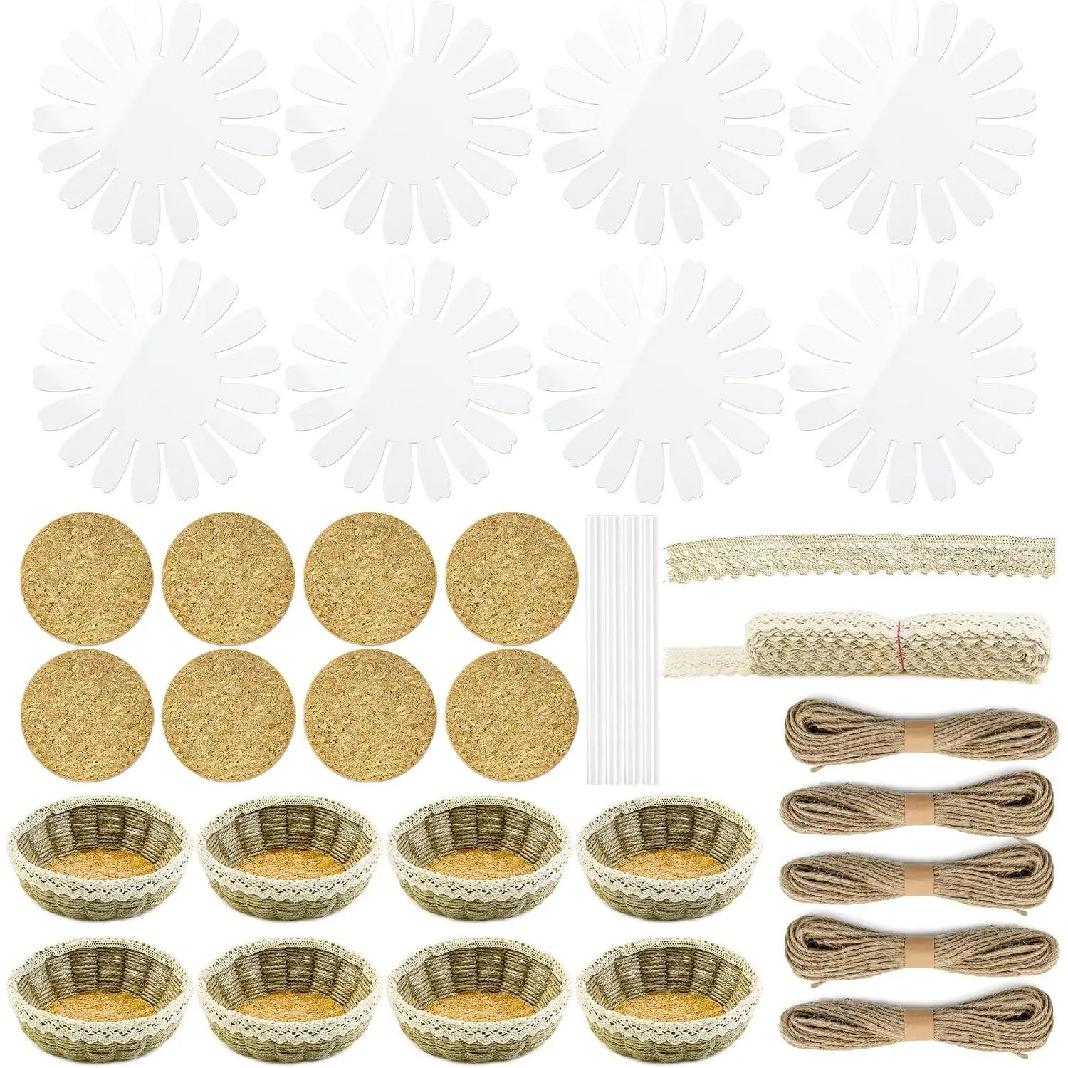 8 Sets Basket Weaving Craft Kit for Beginners, DIY Burlap Style Desk Storage Bowls for Small Parts Candy Cookies, with 8 inches Plastic Base, 109yd Jute Twine, Cork Linings & Lace