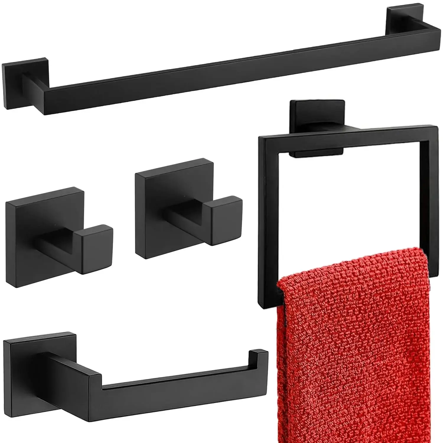 5-Piece Bathroom Hardware Set, Modern Matte Black Stainless Steel Accessory Kit, Includes Towel Bar, Towel Ring, Hooks & Paper Holder, Rust-Proof Wall Mounted for Home Bathroom Organization, Bathroom Organizing Accessories
