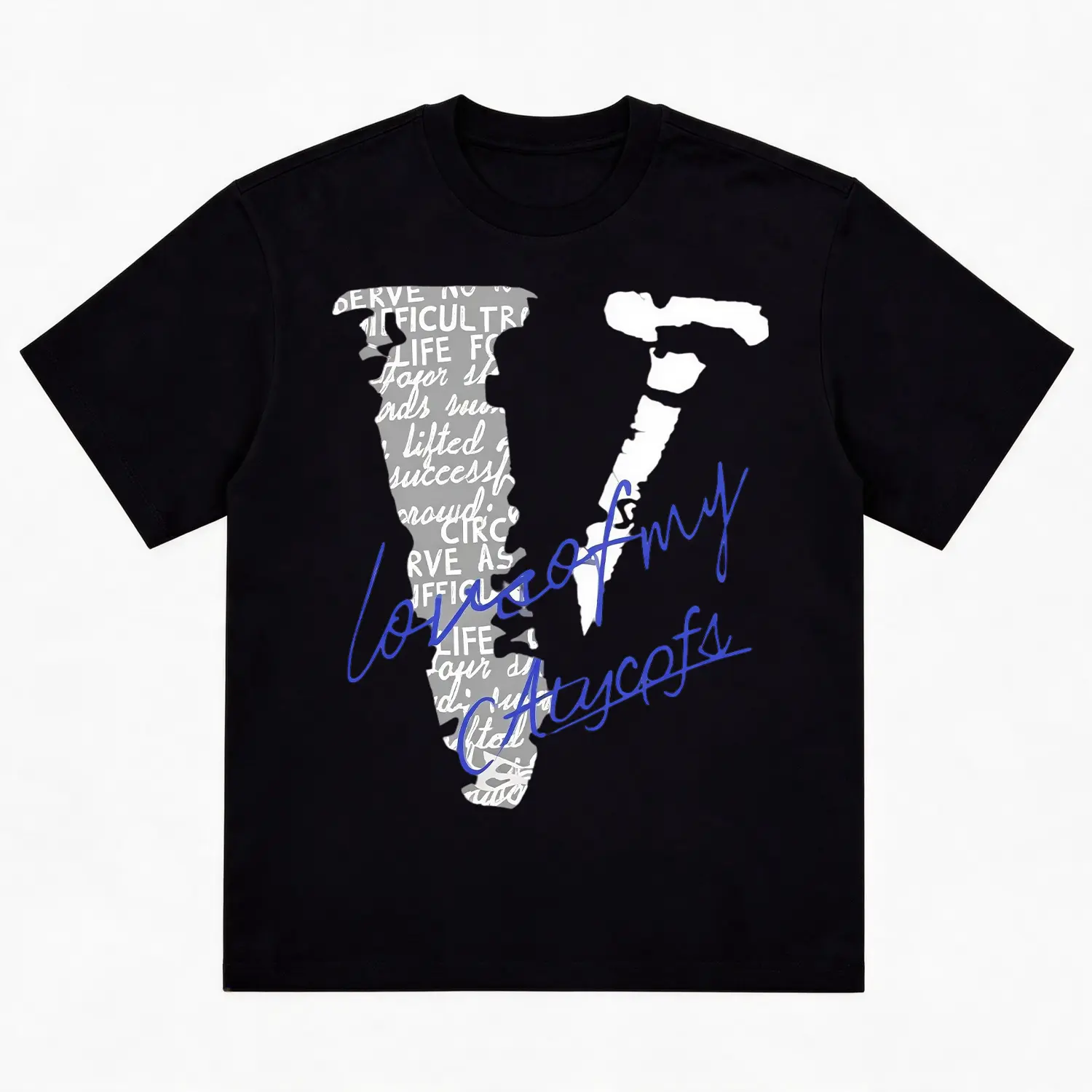 Heavyweight Cotton Oversized Crew Neck Short Sleeve T Shirt, Distressed Giant V Letter Overlay Script Quote Cursive Handwriting Graphic Tee, Unisex Hip Hop Urban Top For Y2K Skater Rap Concert Streetwear Daily Casual Outfit
