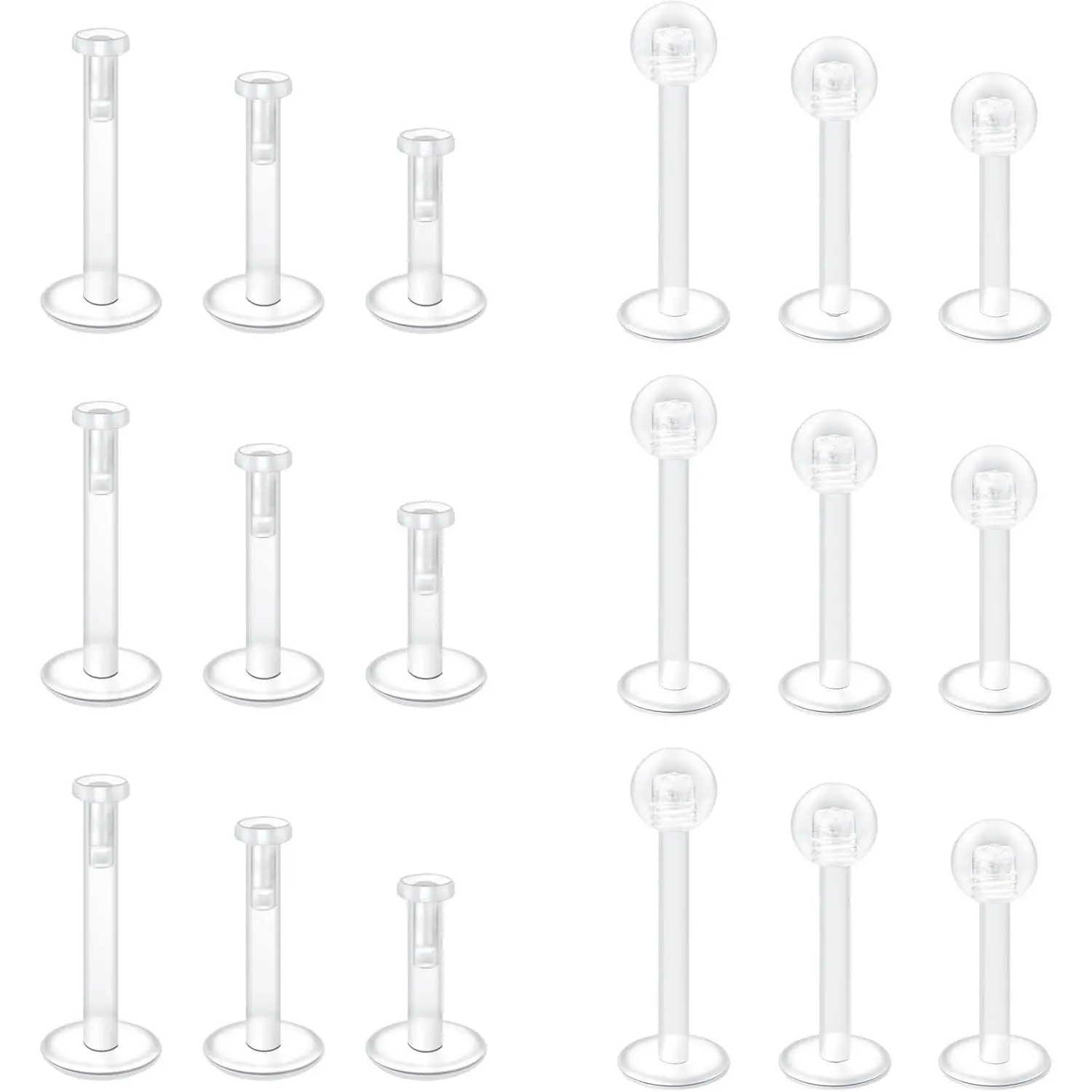 18PCS 16G Clear Bioflex Push Top Piercing Retainers for Work, Lip Rings Labret Helix Tragus Medusa Monroe Earrings for Women Men, 6-10mm Bar Length