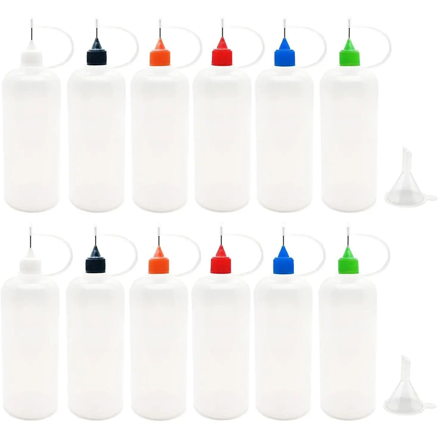 12 Pcs 120ml/4 Ounce Precision Tip Needle Applicator Bottles with 2 Funnels, Multicolor Lids for Paper Quilling DIY Craft