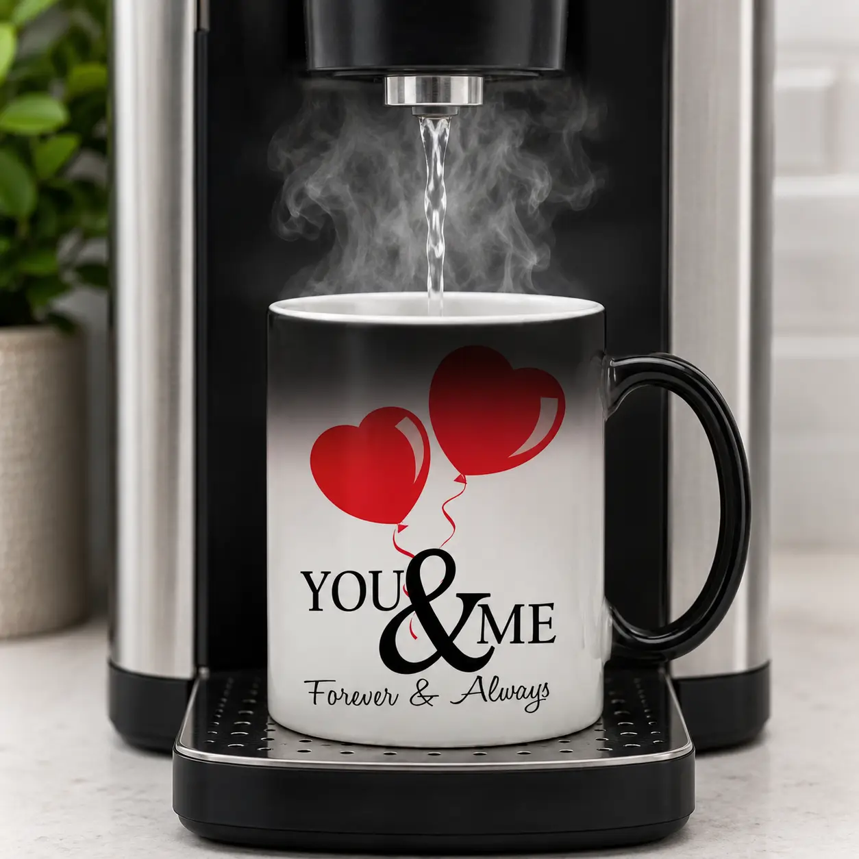 11oz Thermal Printed Drink Mug, Heat-Sensitive Ceramic Coffee Cup with Red Heart Balloon Design, Valentine’s Day Gift for Couples