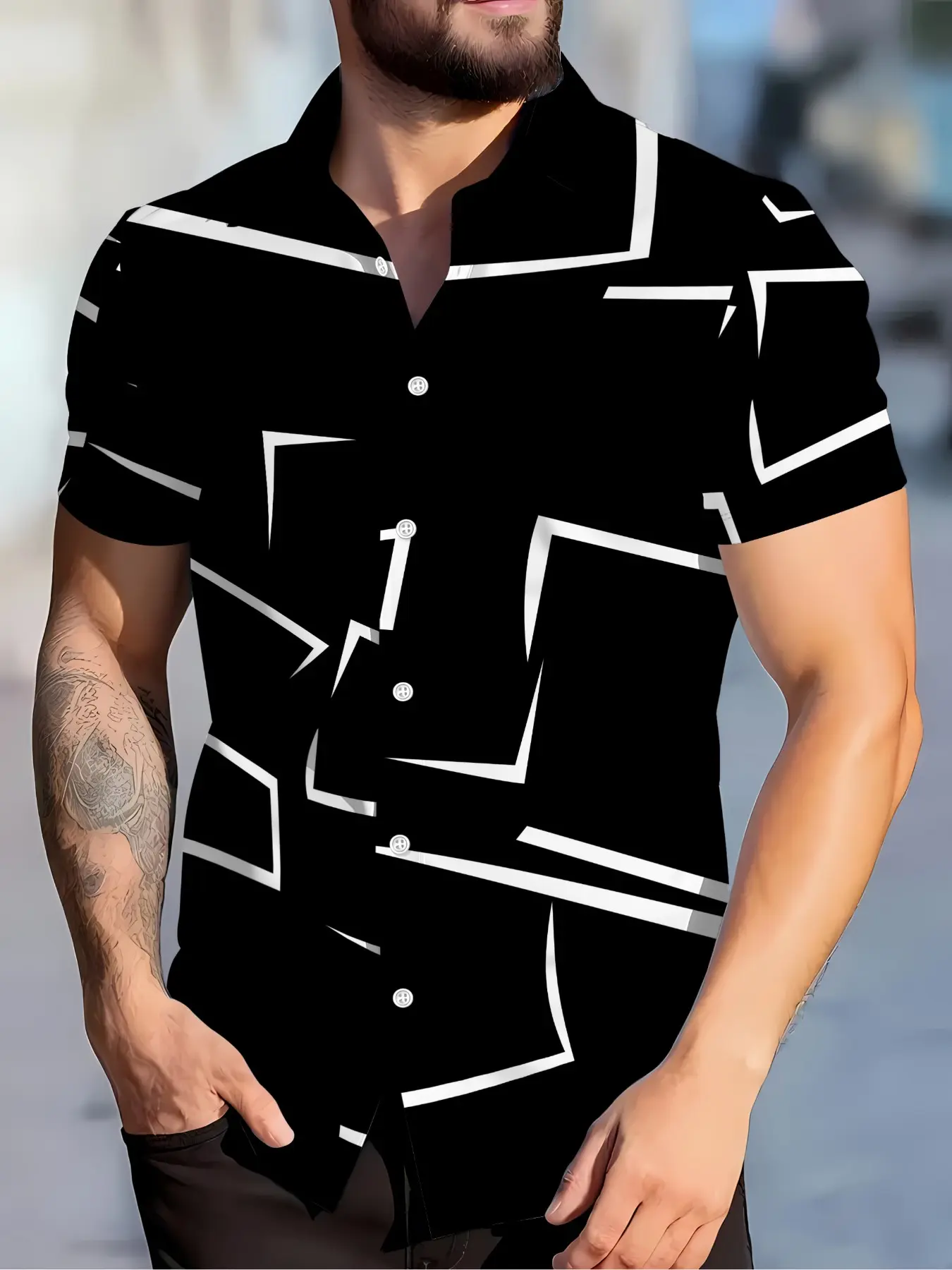 High Contrast Geometric Lines Short Sleeve Floral Shirt, Youth Commute Travel Unique Luxury Loose Vacation Shirt, Casual Summer Streetwear Beach Shirts