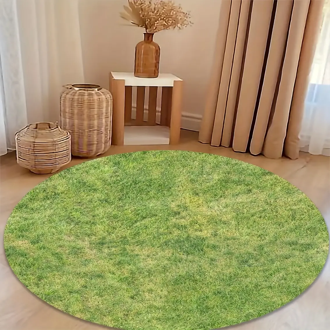 100% Polyester Flannel Round Carpet - Green Lawn Pattern, Wrinkle Resistant, Anti-Shrinkage, Durable, Lightweight, Excellent Feel, for Living Room, Bedroom, Low-Shedding