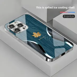 High-end electroplated business-style curved gold maple leaf wood grain pattern glass phone case, for iPhone 17 16 15 14 13 12 11 pro max