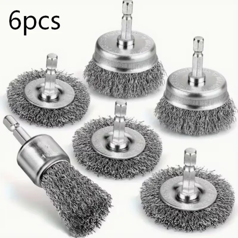 6-Piece Professional Drill Brush Set, 1/4" Hex Shank, Rust Removal Attachment, Cup Brush, Cleaning and Polishing Tool, Durable Brushes