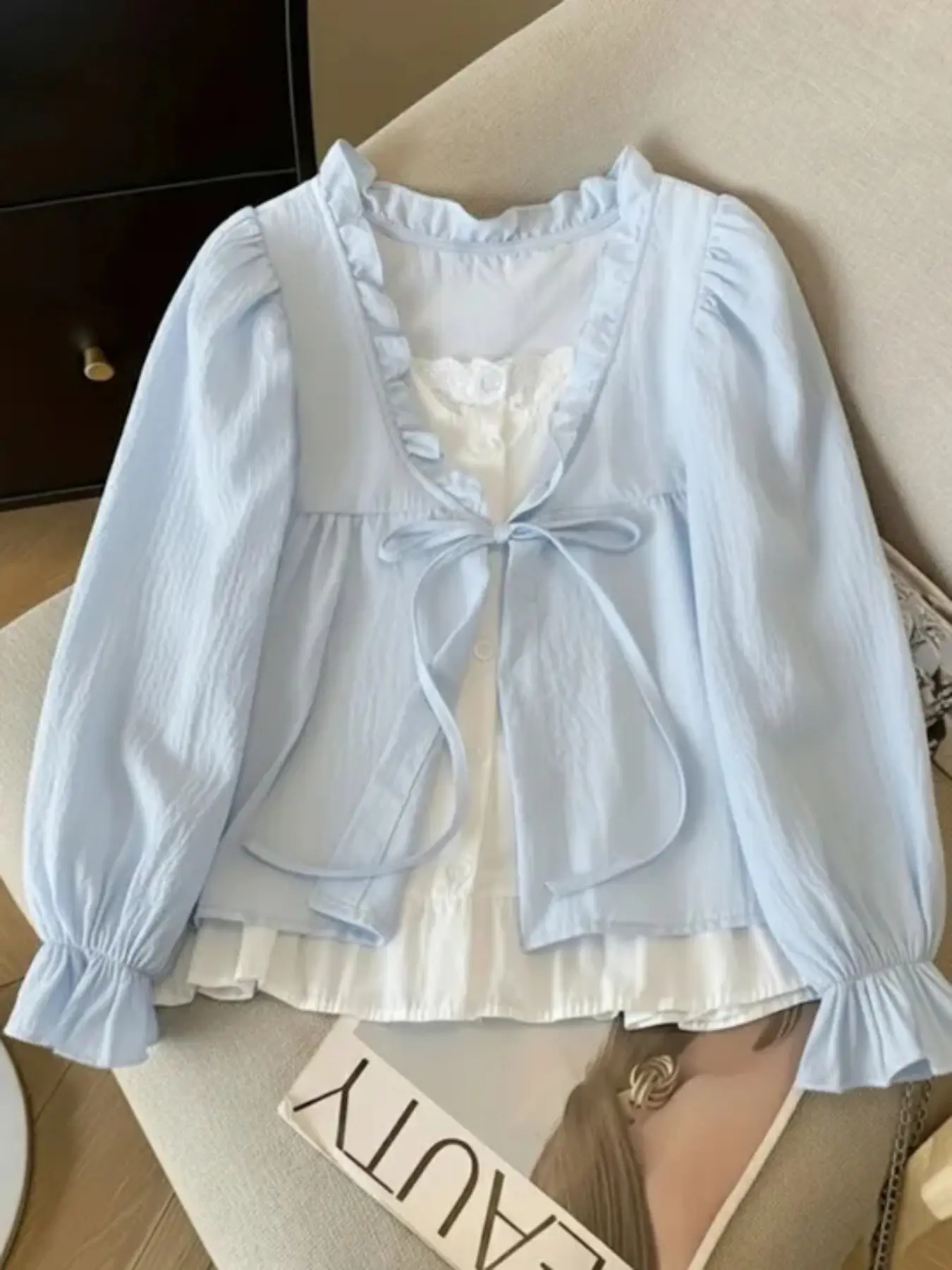 Simple Lantern Sleeve Ruffle Daily Women's Top, Tie Front Fake Two-Piece Korean Style Fairy Long Sleeve T-Shirt, Autumn