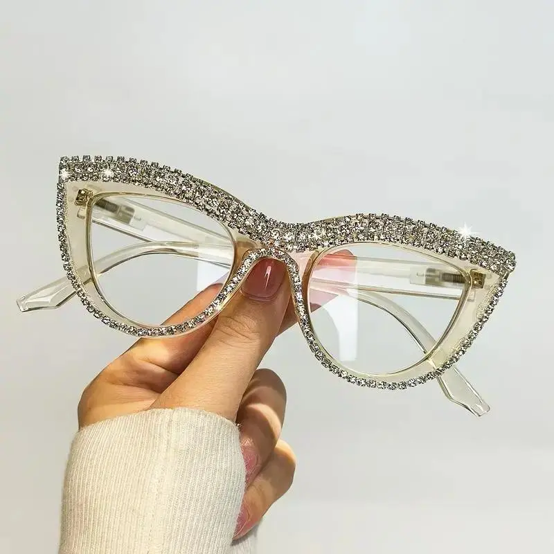 2 Pack Cat Eye Rhinestone Blue Light Glasses for Women, Y2K Trendy Fashion Clear Lens Computer Glasses Set, Sparkly Lightweight Frame Screen Protection Eyewear for Work, Office, Study & Daily Outfit Accessory
