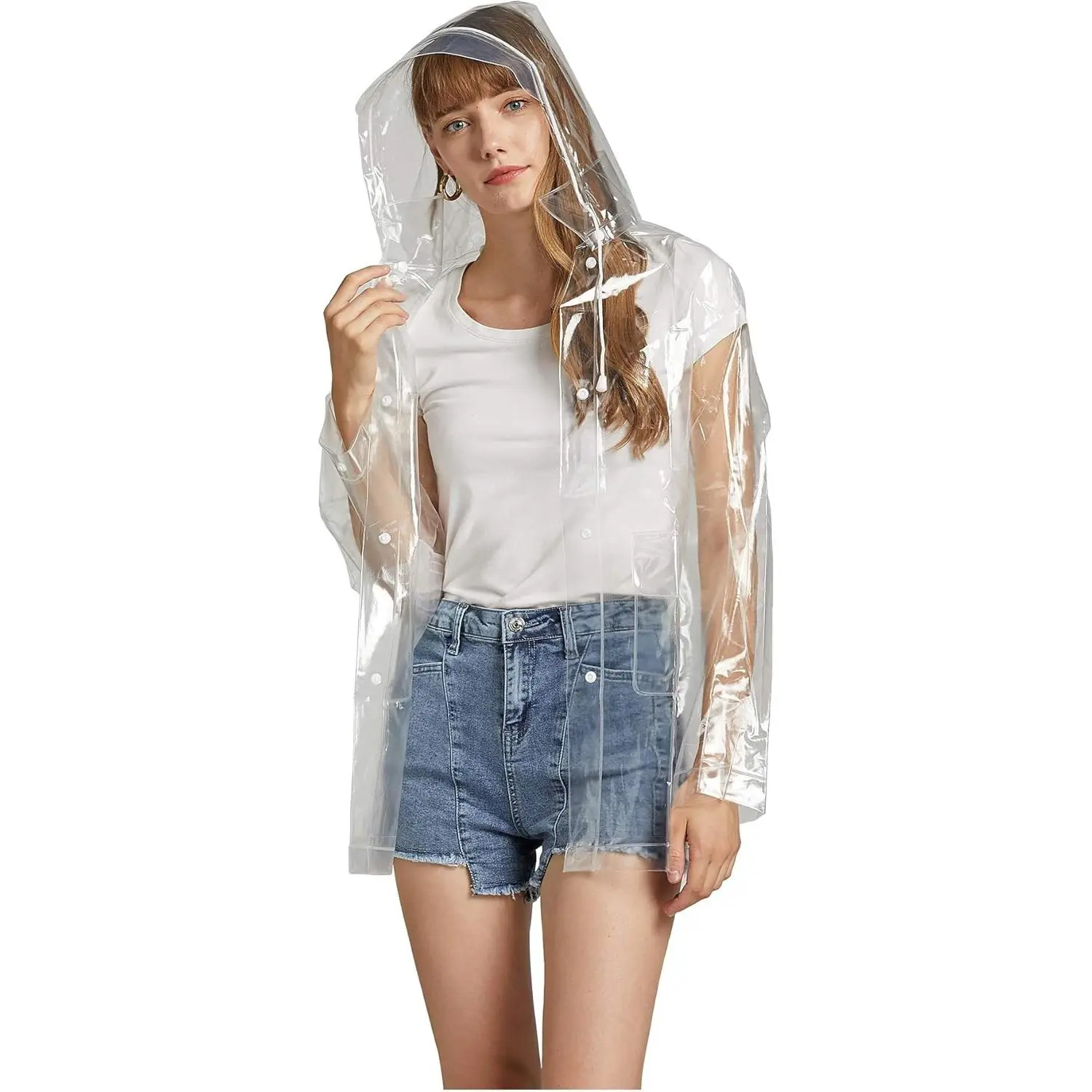 Women Clear Raincoat EVA Waterproof Rain Jacket Coat with Detachable HoodGift