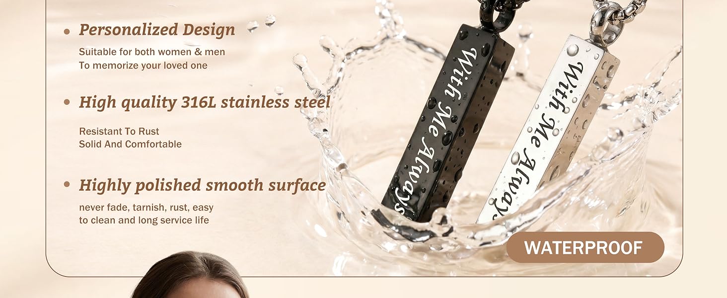 YADOCA 2 Pcs Urn Necklace for Ashes Men Women Keepsakes for Ashes Black Silver Stainless Steel Bar Pendant Necklace Memorial Cremation Jewelry for Lost Love with Engraved Saying