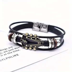 1pc Vintage Guitar Charm Bracelet – Zinc Alloy Music Jewelry with Stainless Steel Clasp, Black & Red Accents, Perfect for Holidays, Birthdays, Valentine’s Day Gifts
