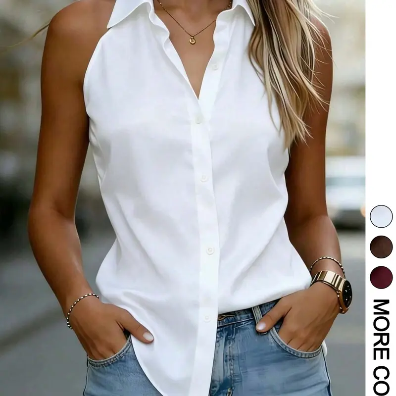 Elegant Halter Neck Sleeveless Roll Collar Shirt, Slim-Fitting Business Casual Top, Multicolor Options, Perfect for Office and Leisure