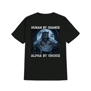 Human by Chance, Alpha By Choice" Funny Werewolf Absurd Print T-Shirt for Men - American Humor Graphic Black Tee with Retro Style