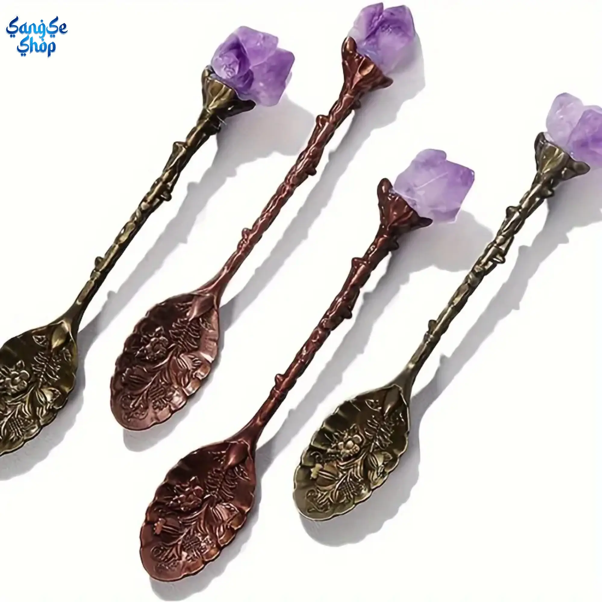 4/7PCS Natural Amethyst Crystal Coffee Spoons, Purple Gemstone Flower Decorative Tea Spoons, Vintage Carved Dessert Spoons, Hand Polished Raw Stone Handle Spoons for Coffee, Tea, Ice Cream, Kitchen Decor, Boho Home Gift & Summer Tableware