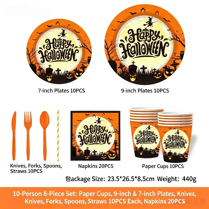 90pcs Halloween Witch Party Set, Disposable Paper Plates Cups Napkins Cutlery, 8-Piece Kit for 10 People, Birthday Party Decorations