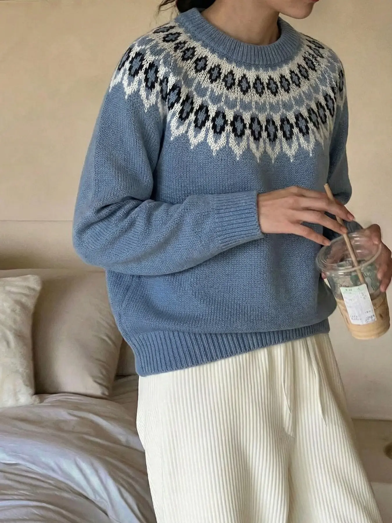 Vintage Fair Isle Knit Crew Neck Sweater for Women, Mist Blue Loose Casual Nordic Style Pullover, Comfortable Handmade Garment