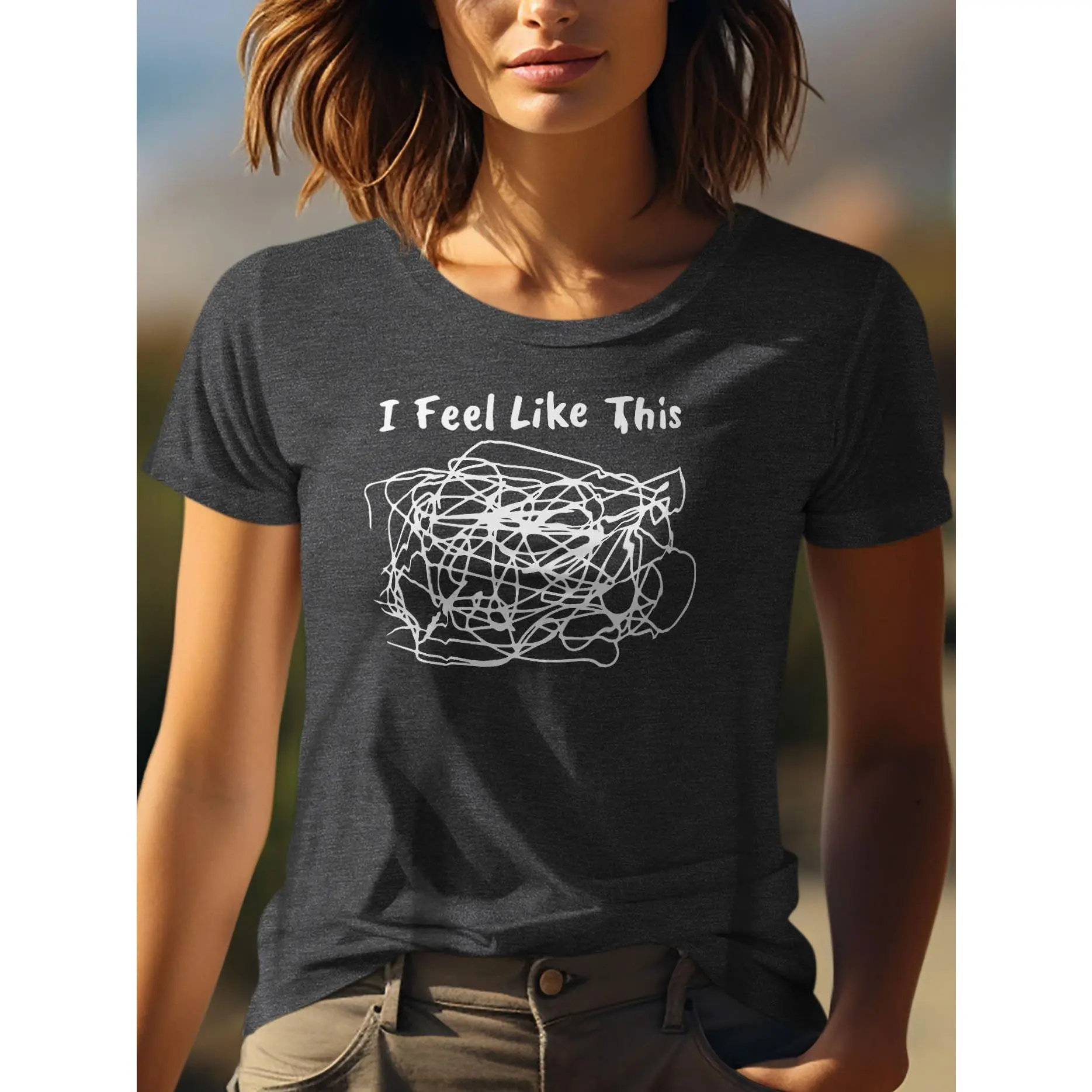 Women's "I Feel Like This" Printed Round Neck Short Sleeve T-Shirt - Soft Casual Gray Tee with Subtle Print, -Line Regular Fit for Spring Summer Fall Layering, Blouses - 180G