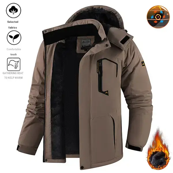 Men's Fitted Stylish Outdoor Hooded Jacket - Polyester Woven, Thermal Lined, Waterproof Windproof Shell, Embroidered, Durable Casual Coats for Skiing, Hiking