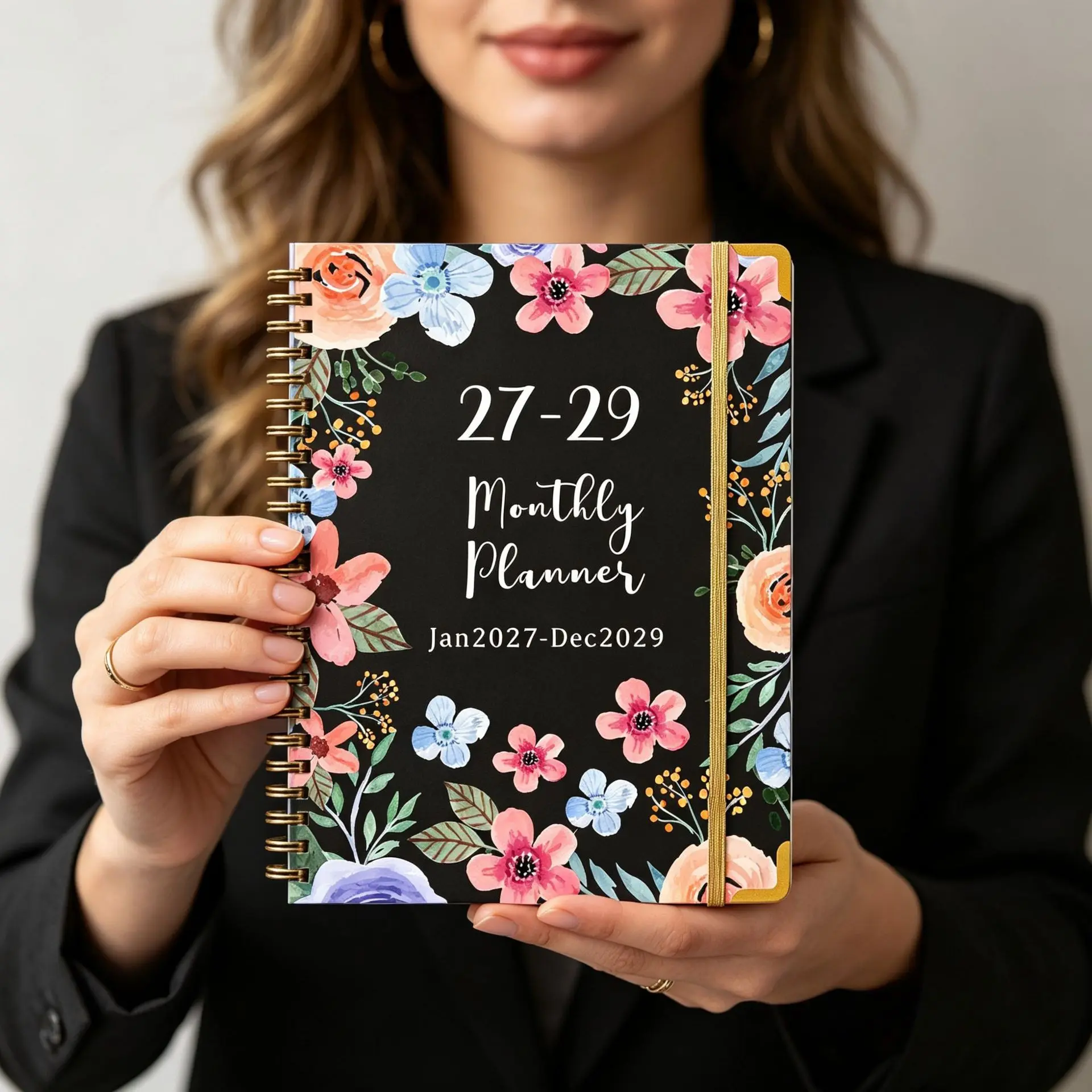 2027-2029 3-Year Monthly Planner Spiral Bound, Floral Print A4 Calendar Notebook, Elastic Band, 128 Pages, Office Business Student Use