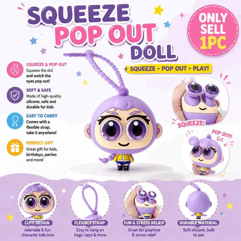 Squeezable Pop Eyes Cartoon Character Keychain, 3D Silicone Fidget Toy Backpack Hanging Charm, Girls Kids Bag Decor, Holiday Party Giveaways Children Gift