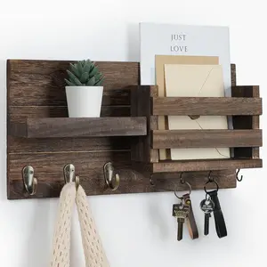 Mail Organizer for Wall Mount – Key Holder with Shelf Includes Letter Holder and Hooks for Coats, Dog Leashes – Rustic Wood with Flush Mounting Hardware (16.5" x 8.7" x 3.5")