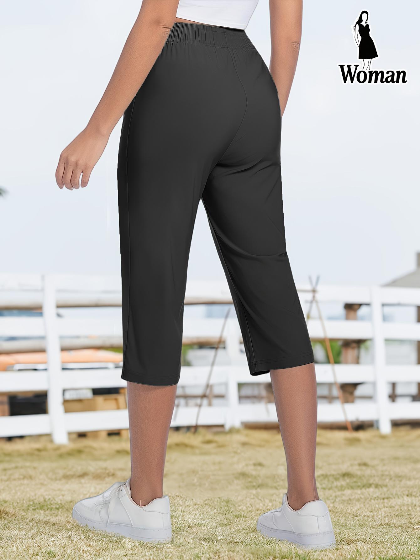 Women's Capri Pants, Elastic Waist Zipper Pocket Casual Cropped Trousers for Summer & Daily Wear