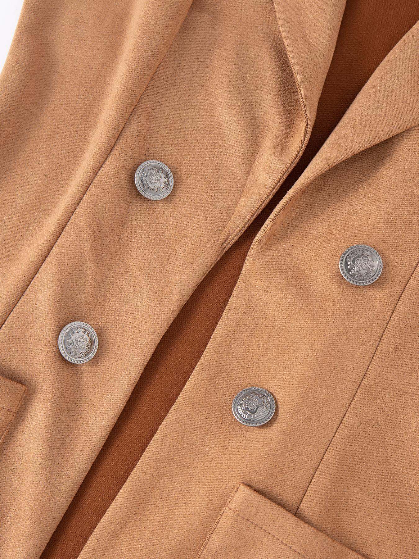 Women's Solid Button Decor Lapel Neck Suede Vest Blazer, Casual Sleeveless Pocket Open Front Longline Outerwear for Spring & Fall, Ladies' Clothes for Daily Wear