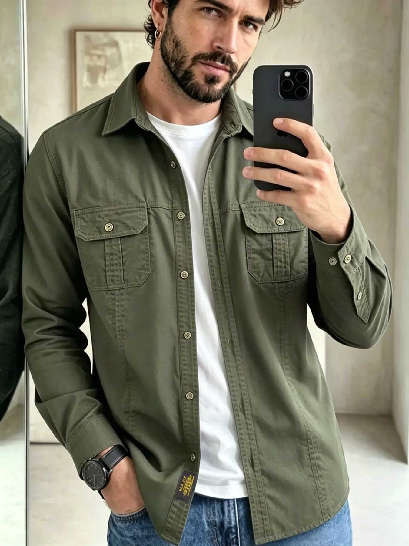 New Middle-Aged Casual Work Shirt, Long Sleeve Plain Outdoor Workwear, Slim-Fit Pocket Design, Men's Outerwear for All Seasons