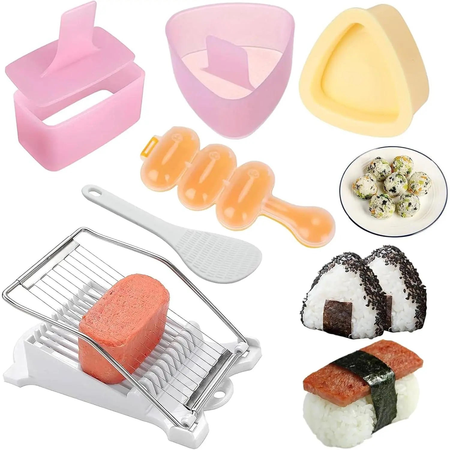 7 count Onigiri Rice Ball Mold Maker Kit, Musubi Press, Classic Triangle Shake Sushi Roller Mat Tool for  Bento Lunch and  DIY, Non-stick,