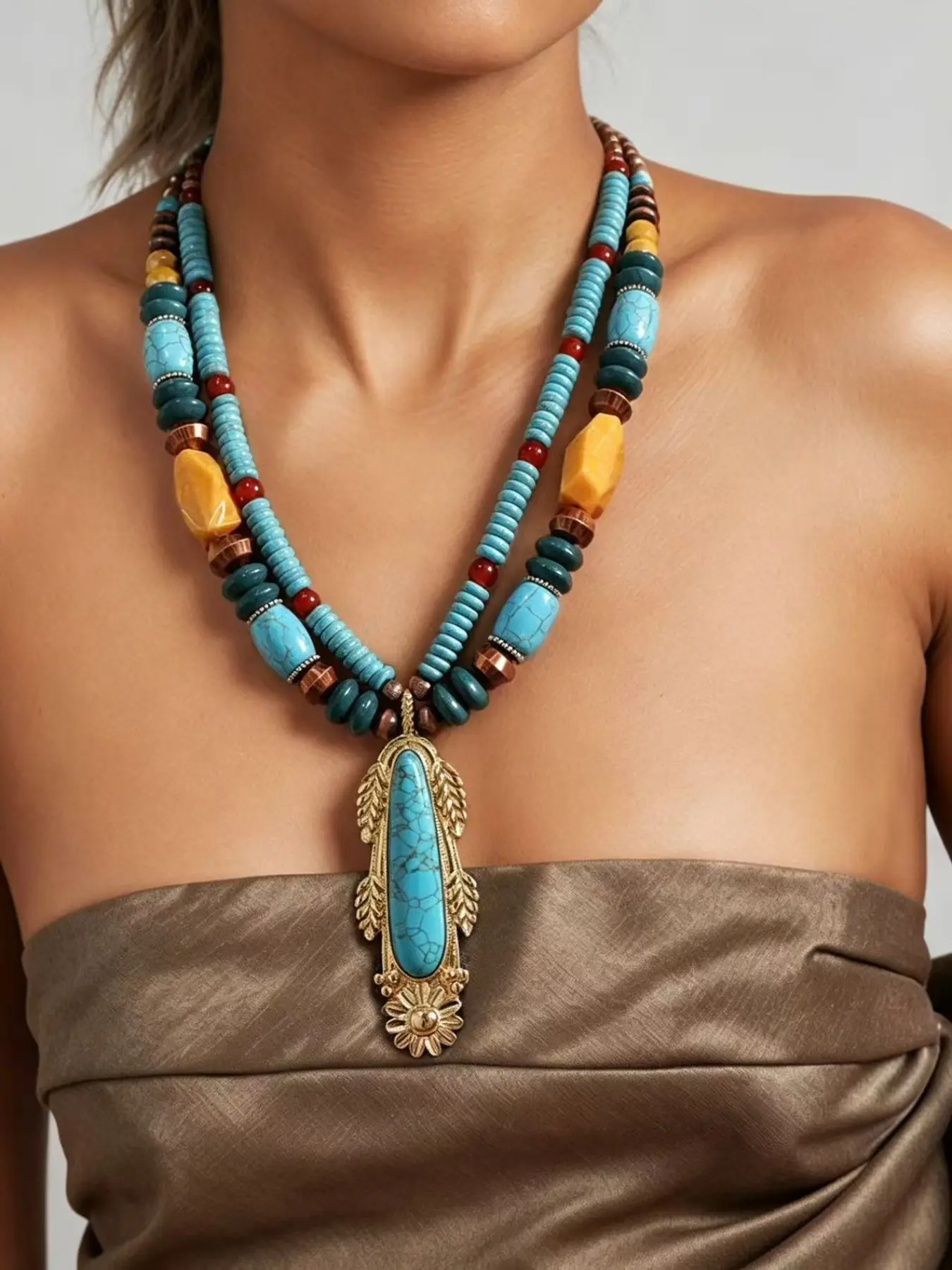 Western Style Multilayer Turquoise  Necklace, Vintage Pendant Bold Neckpiece, Boho Vacation Fashion Accessory
